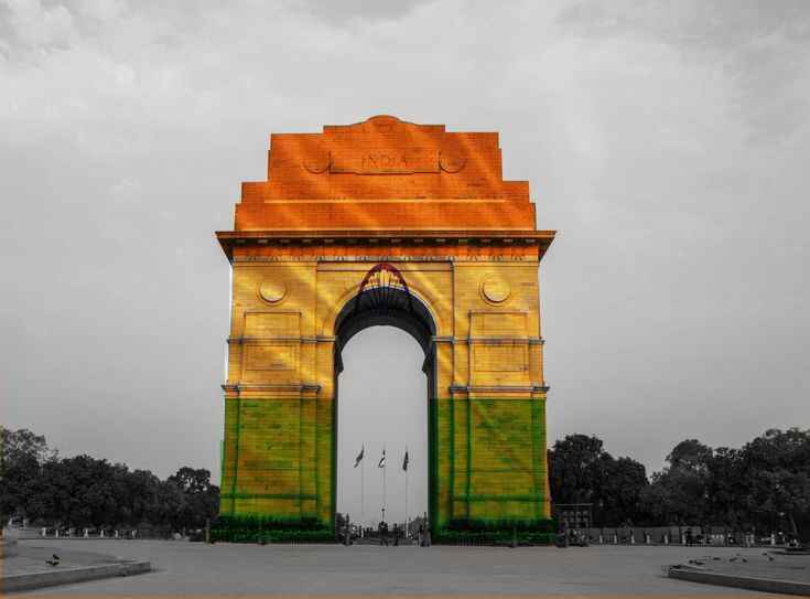 India Gate in Delhi, a prominent war memorial and iconic landmark, honoring Indian soldiers with its grand archway design.