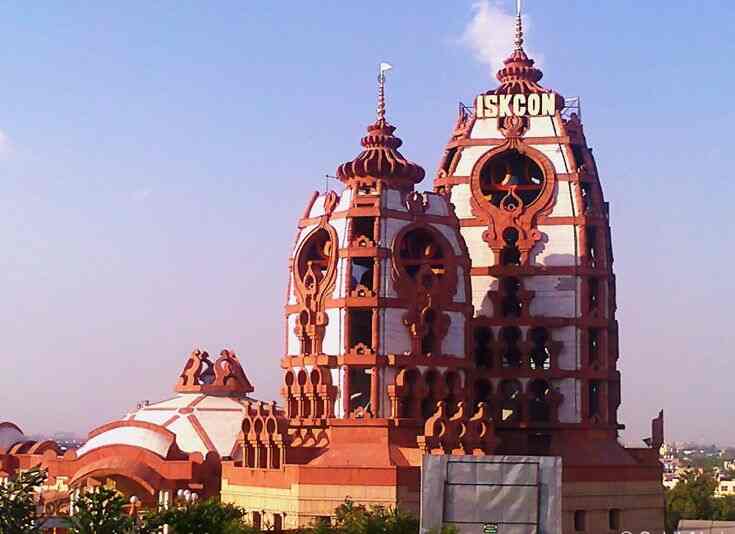 ISKCON Temple in Delhi, a renowned spiritual center dedicated to Lord Krishna, featuring vibrant architecture and peaceful ambiance.