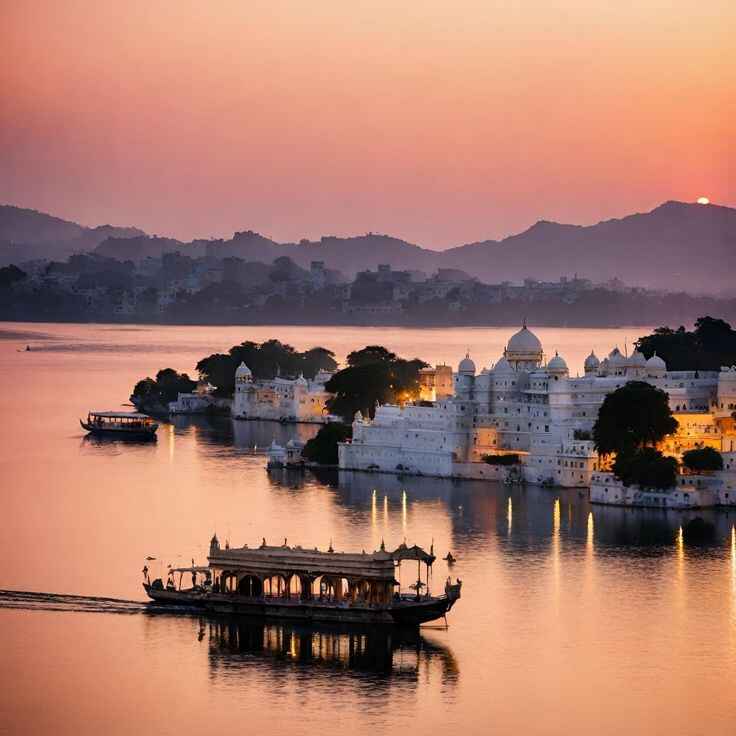 Udaipur, the City of Lakes in Rajasthan, famous for its beautiful lakes, grand palaces, and romantic, scenic landscapes.